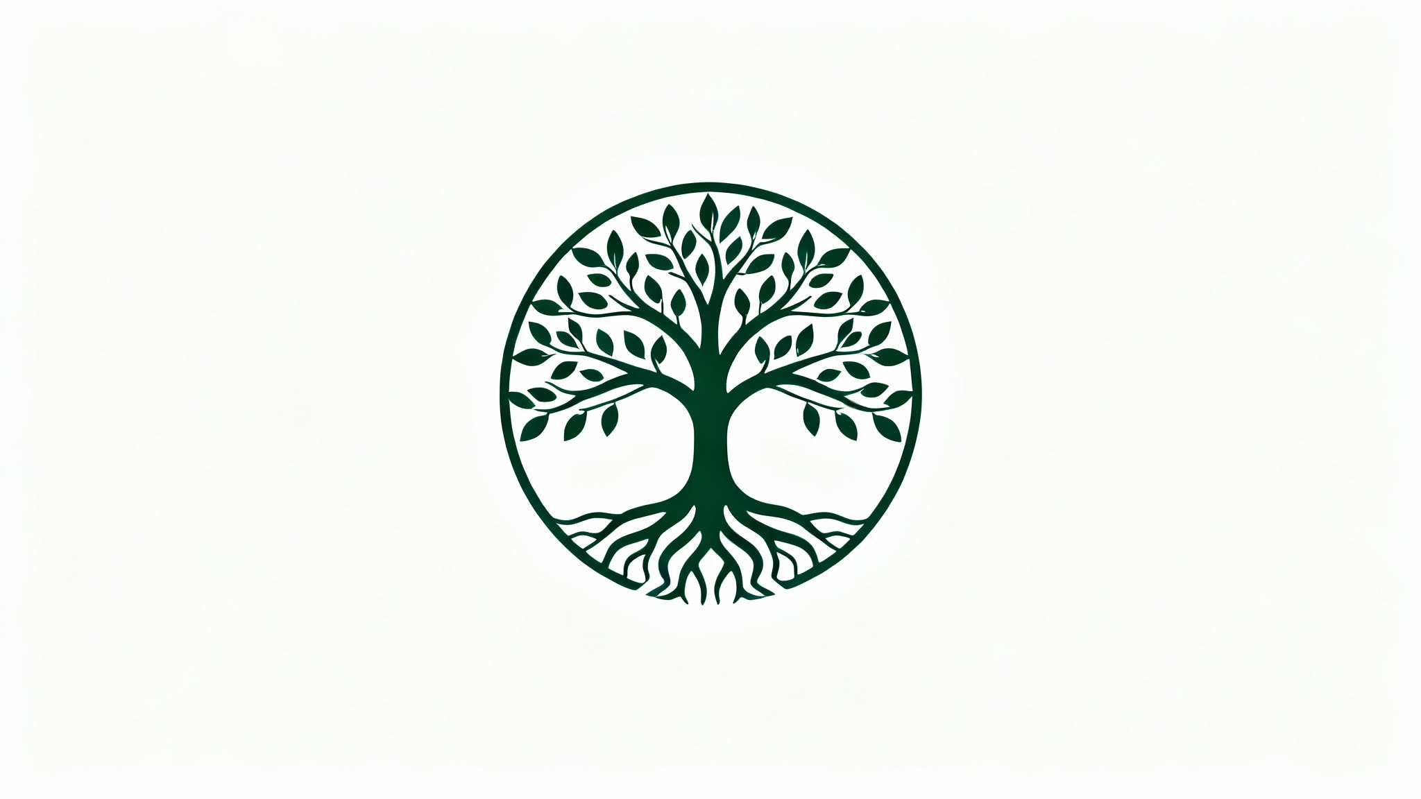 A modern, dark green Tree of Life logo mockup on a white background. The logo is circular, with symmetrical branches and roots forming a balanced design.