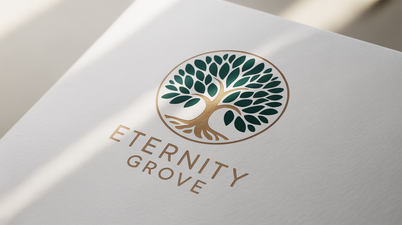 A modern and elegant Tree of Life logo mockup on a white background. The logo is circular, featuring a green and gold tree, with the text 'ETERNITY GROVE' underneath.
