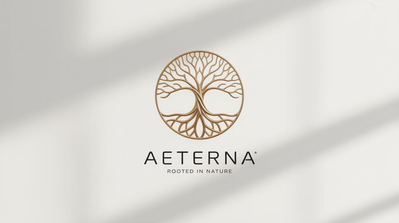 An elegant, circular gold foil Tree of Life logo with the brand name 'Aeterna' and the tagline 'Rooted in Nature' presented as a mockup on a clean white background.