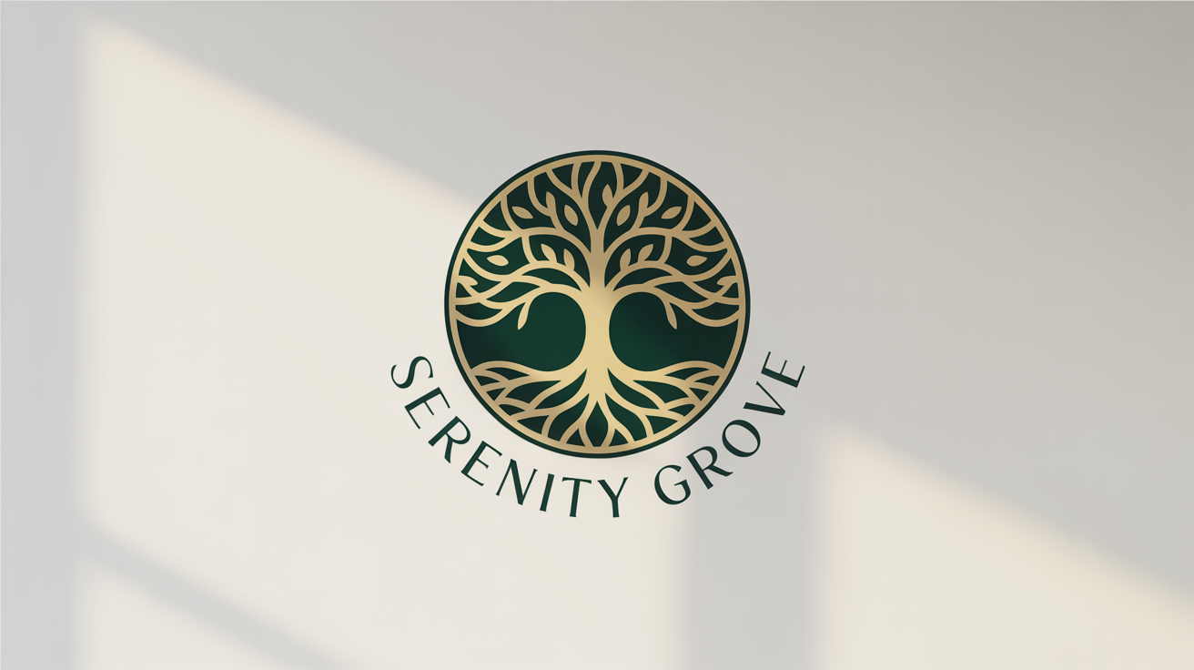 An elegant, circular Tree of Life logo in emerald green and gold for a brand named 'Serenity Grove', displayed on a plain white background.