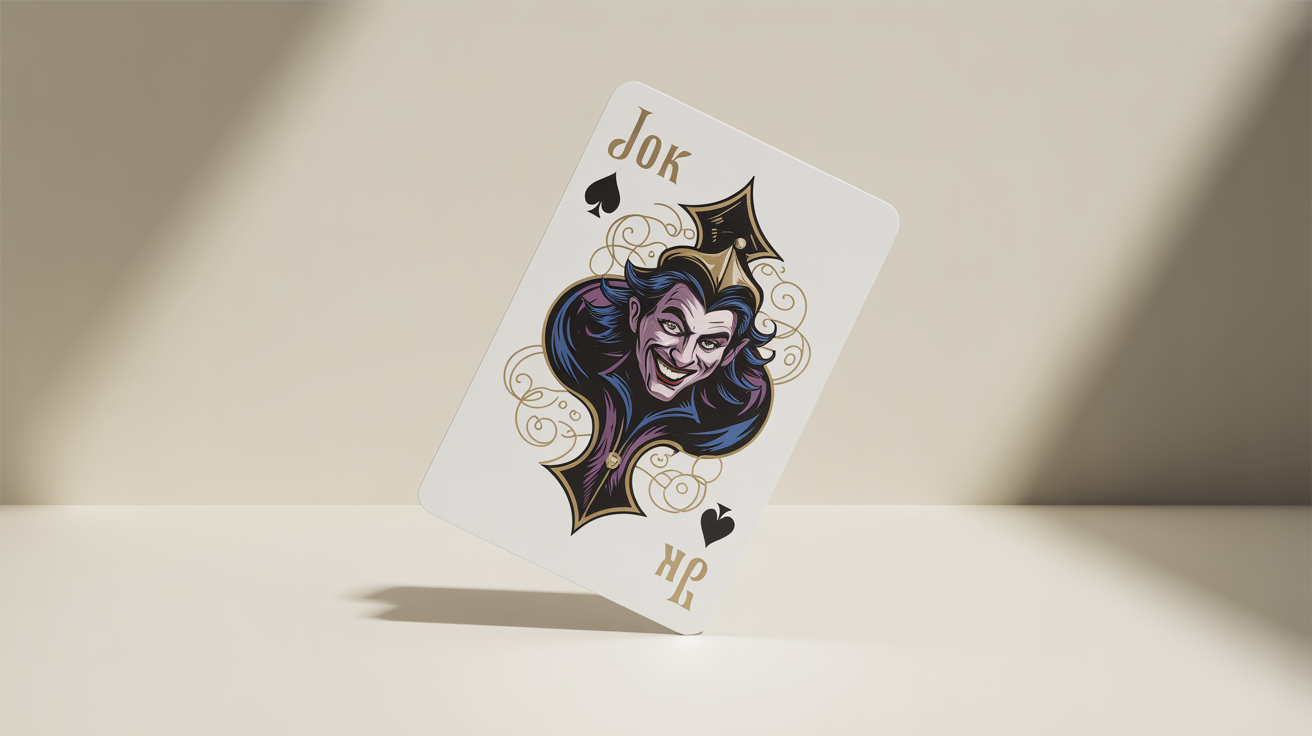 A close-up of a professionally designed Joker playing card featuring a vibrant illustration of a jester in a purple and gold costume, set against a clean, minimalist background.