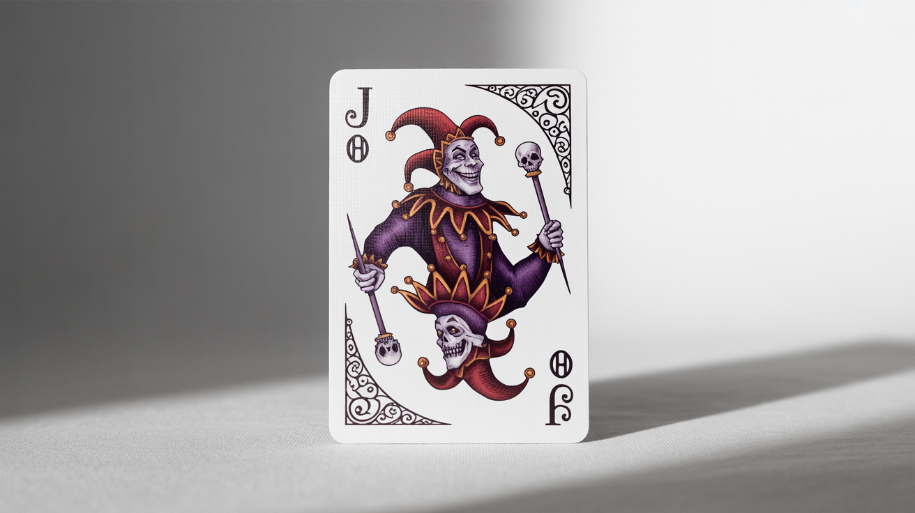 A custom-designed Joker playing card mockup, featuring an intricate dark fantasy illustration of a jester in purple and red, displayed on a clean white background.