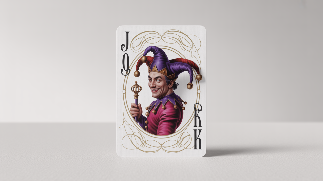 A beautifully designed Joker playing card featuring a smirking jester in crimson and purple, with the word 'JOKER' in the corners, presented as a mockup on a white background.
