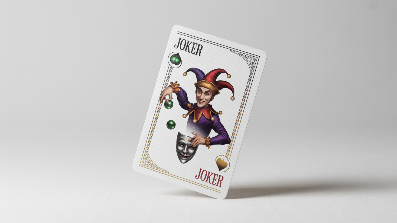 A close-up photograph of a custom-designed Joker playing card featuring an ornate jester in purple and gold, set against a clean white background.