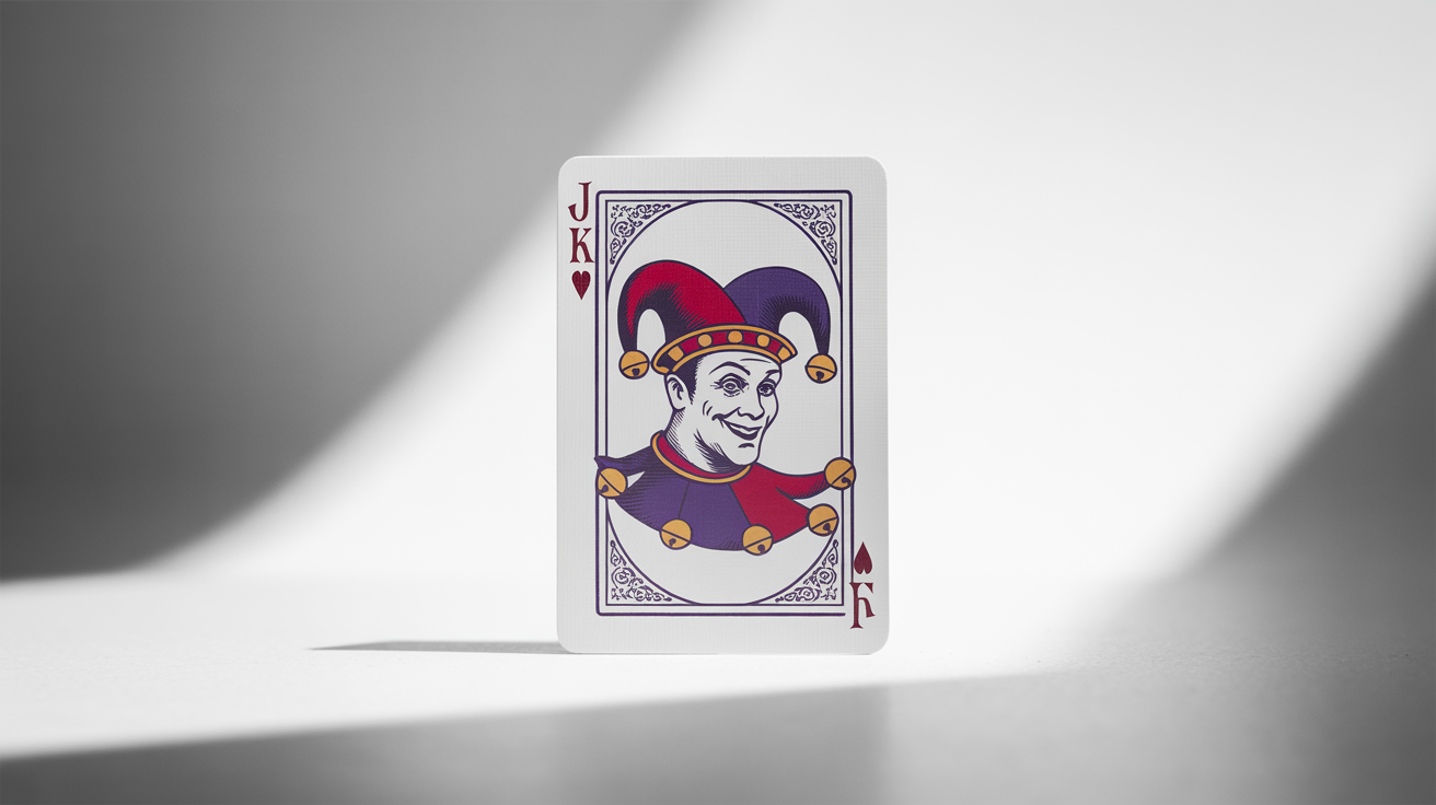 An ornate Joker playing card design featuring a classic jester in crimson and purple, with the word 'JOKER' in the corners, displayed on a clean white background.