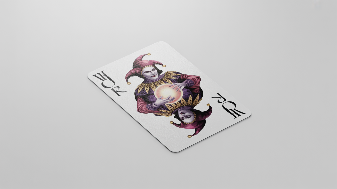 A custom-designed Joker playing card mockup featuring a detailed fantasy illustration of a grinning jester in purple and gold, set against a clean white background.