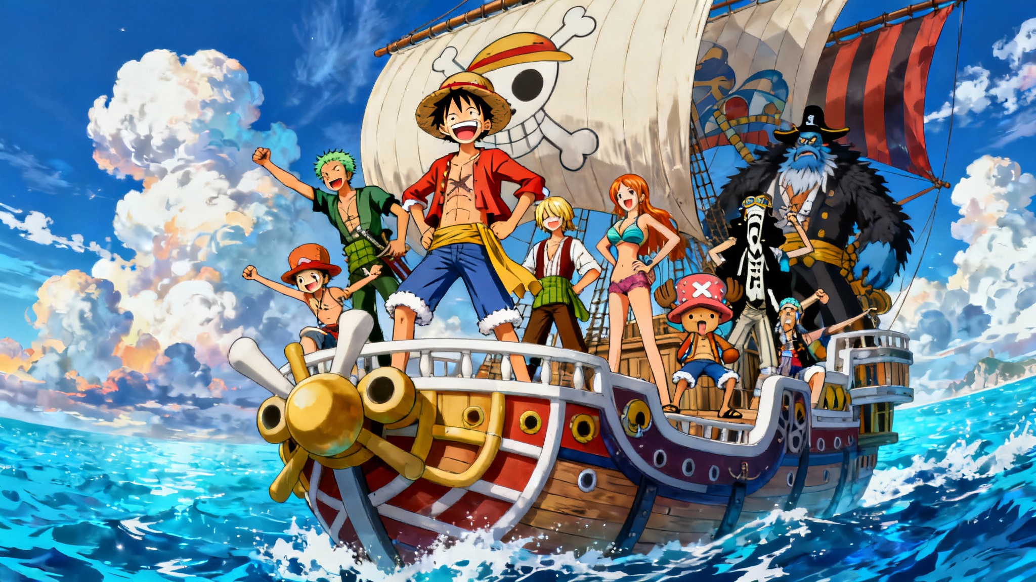 An epic digital art wallpaper of the One Piece Straw Hat crew on the deck of the Thousand Sunny ship, sailing on a bright blue ocean under a dramatic sky.