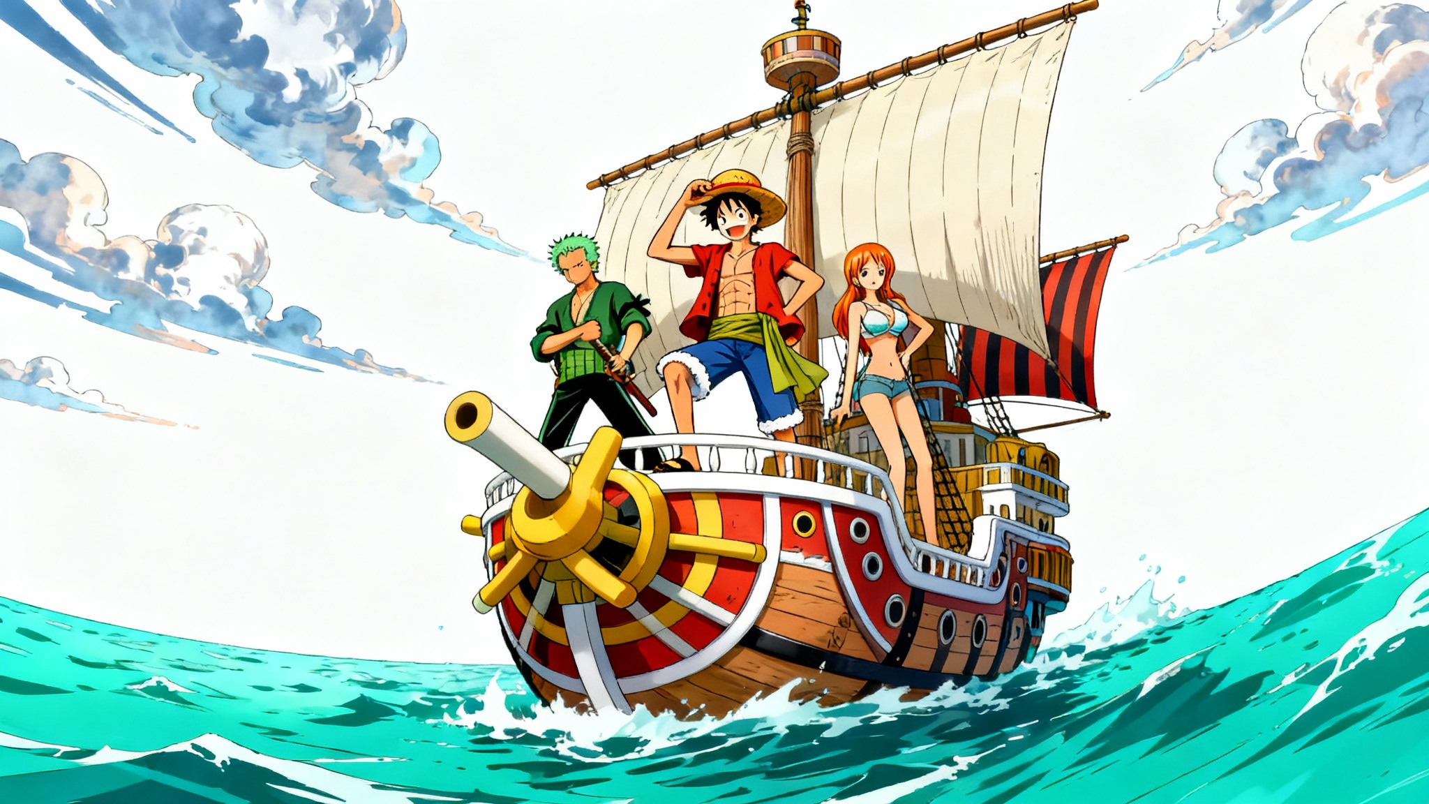 An epic anime-style wallpaper of the One Piece Straw Hat Pirates on their ship, the Thousand Sunny, set against a clean white background.