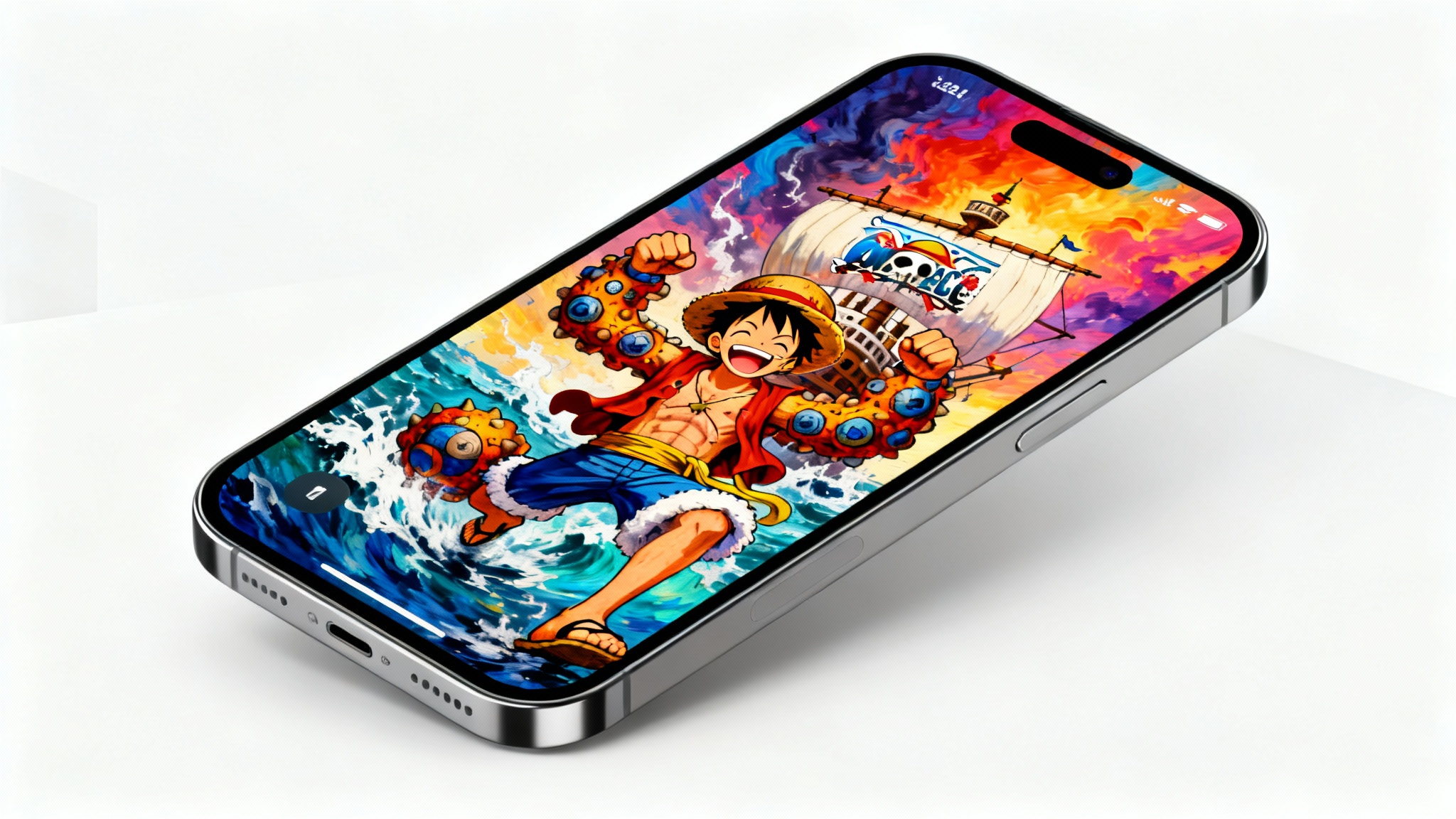 An iPhone displaying a vibrant wallpaper of Monkey D. Luffy from One Piece in his Gear 5 form, set against a clean white background.