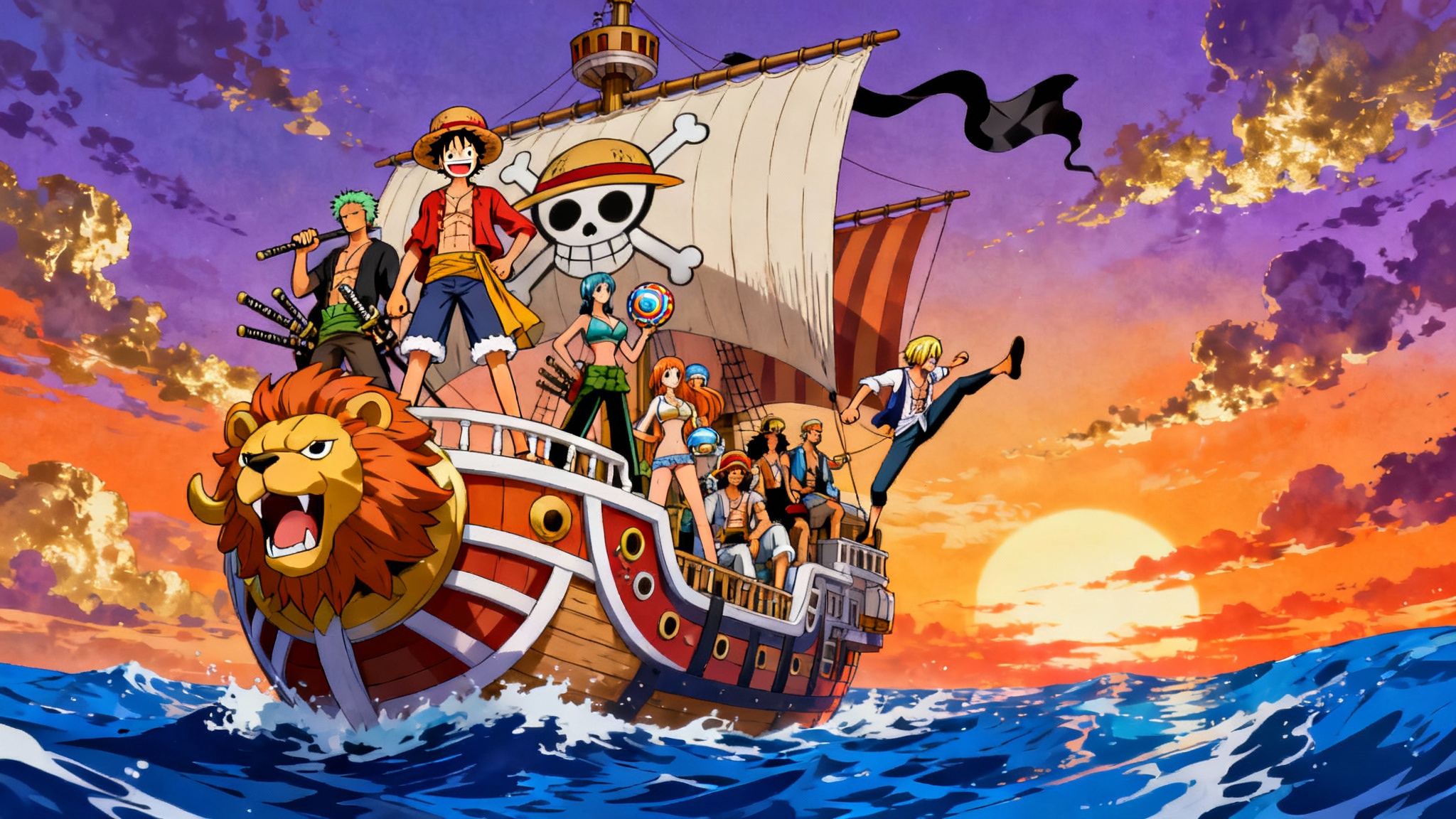 A vibrant One Piece anime wallpaper for a phone, showing the entire Straw Hat crew on the deck of the Thousand Sunny ship as it sails on a blue sea during a dramatic sunset.