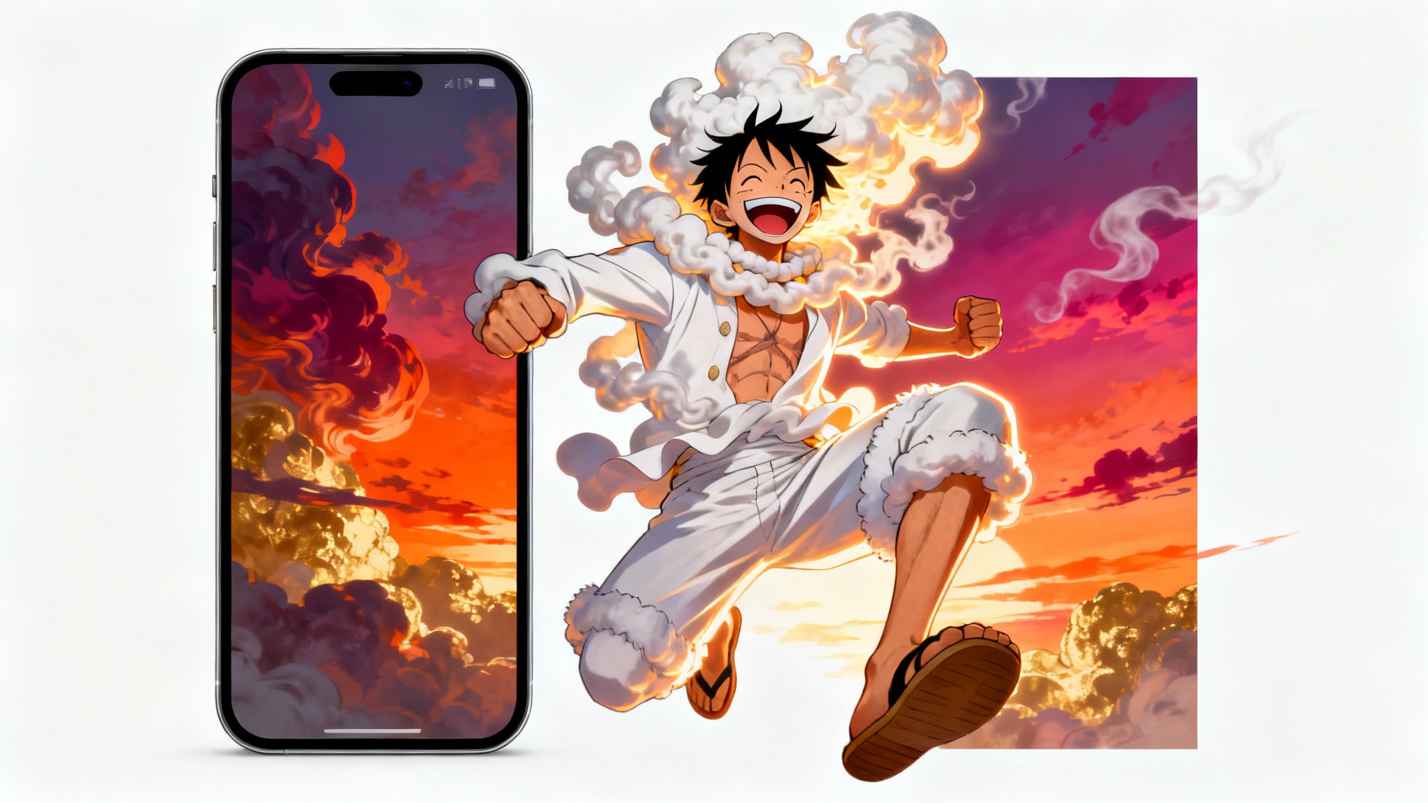 A vibrant anime wallpaper for a phone, featuring Monkey D. Luffy from One Piece in his white Gear 5 form, smiling joyfully as he leaps against a dramatic sunset sky. The wallpaper is presented on a plain white background.