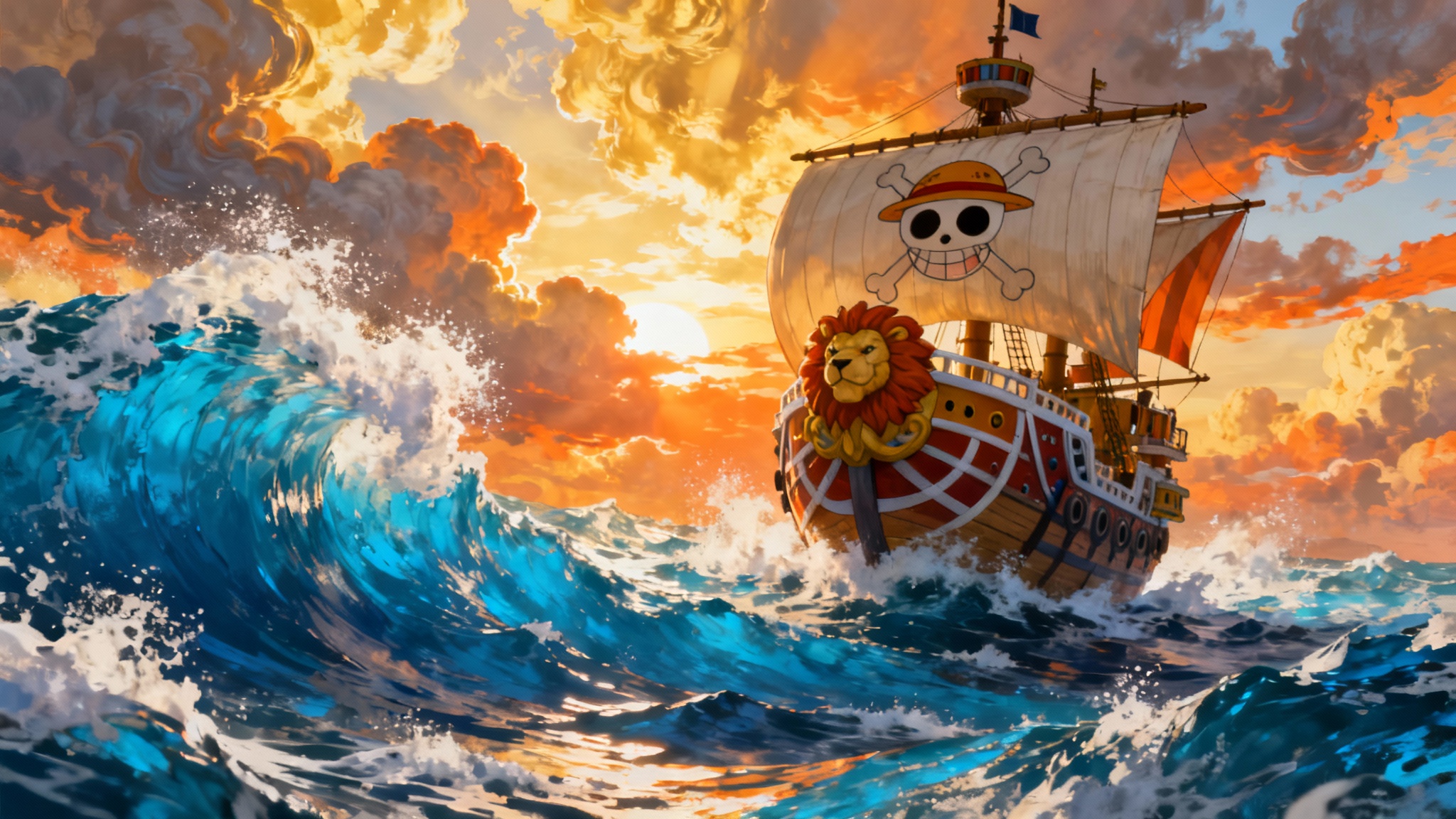 A vibrant and epic wallpaper of the Thousand Sunny ship from One Piece, sailing on a dramatic sea during a beautiful sunrise, capturing a sense of grand adventure.