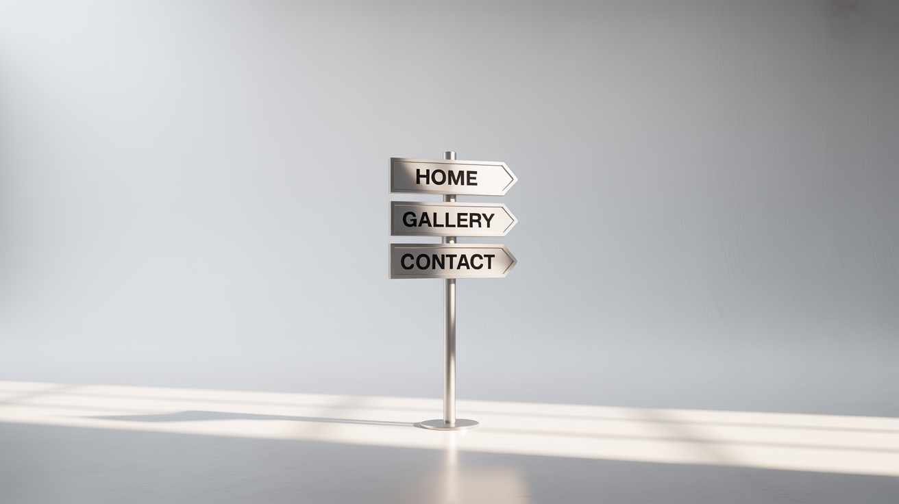 A modern, metallic signpost on a white background with three signs pointing to 'Home', 'Gallery', and 'Contact', representing clear website navigation.