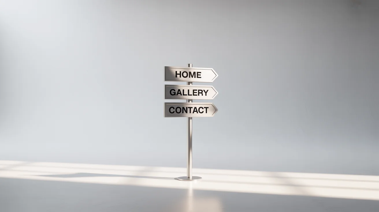 A modern, metallic signpost on a white background with three signs pointing to 'Home', 'Gallery', and 'Contact', representing clear website navigation.