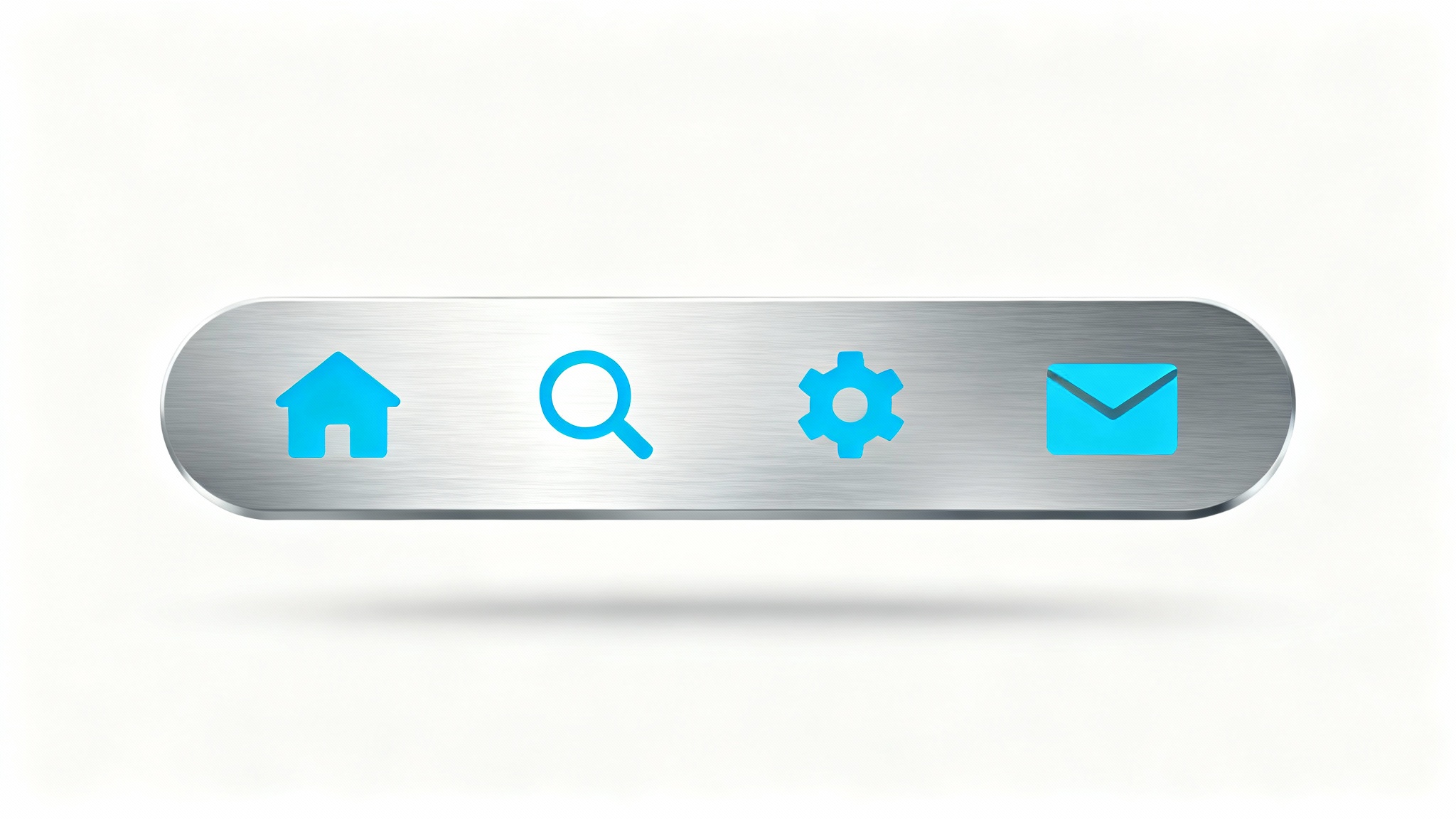 An abstract, minimalist depiction of a navigation bar, showing a floating brushed aluminum bar with four simple, blue icons (house, magnifying glass, gear, envelope) against a white background.