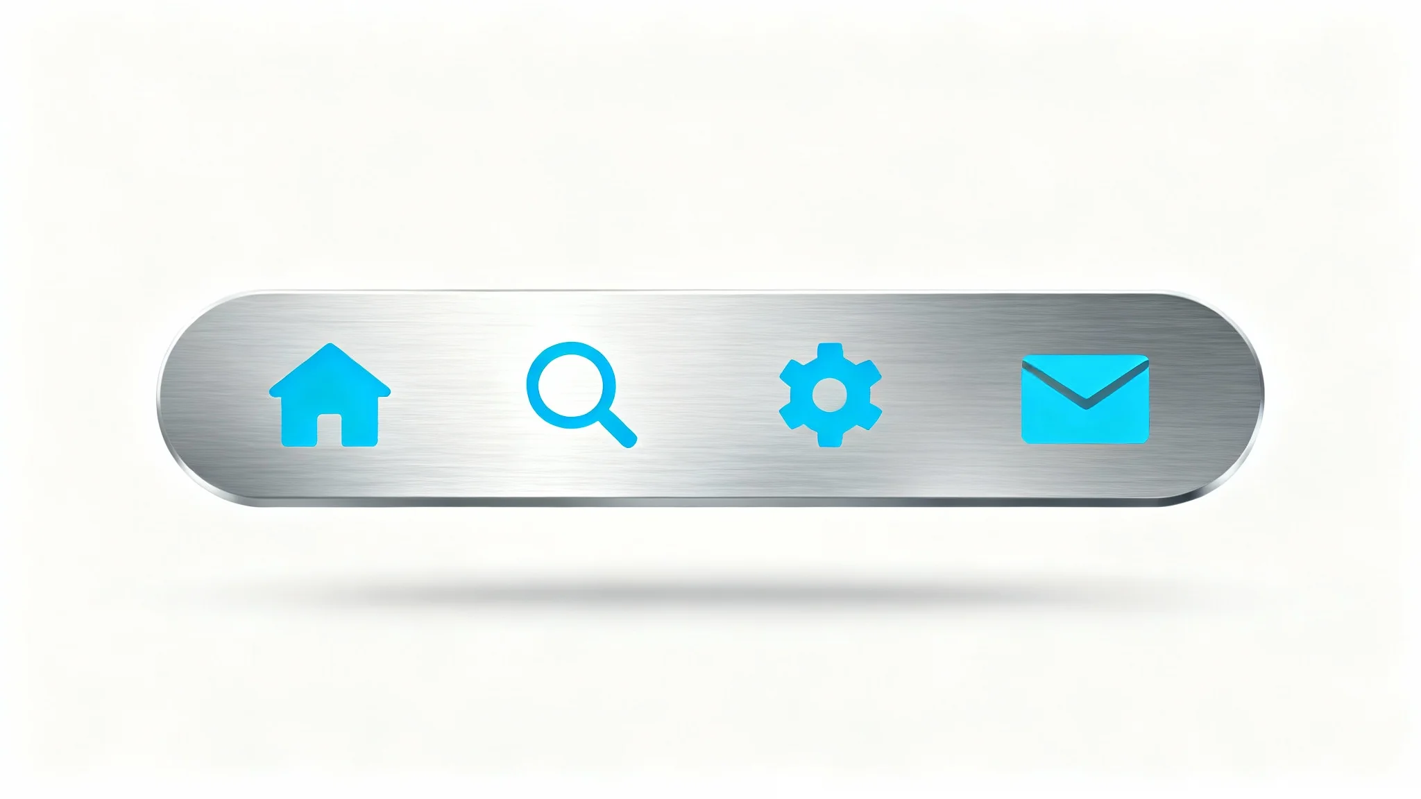 An abstract, minimalist depiction of a navigation bar, showing a floating brushed aluminum bar with four simple, blue icons (house, magnifying glass, gear, envelope) against a white background.