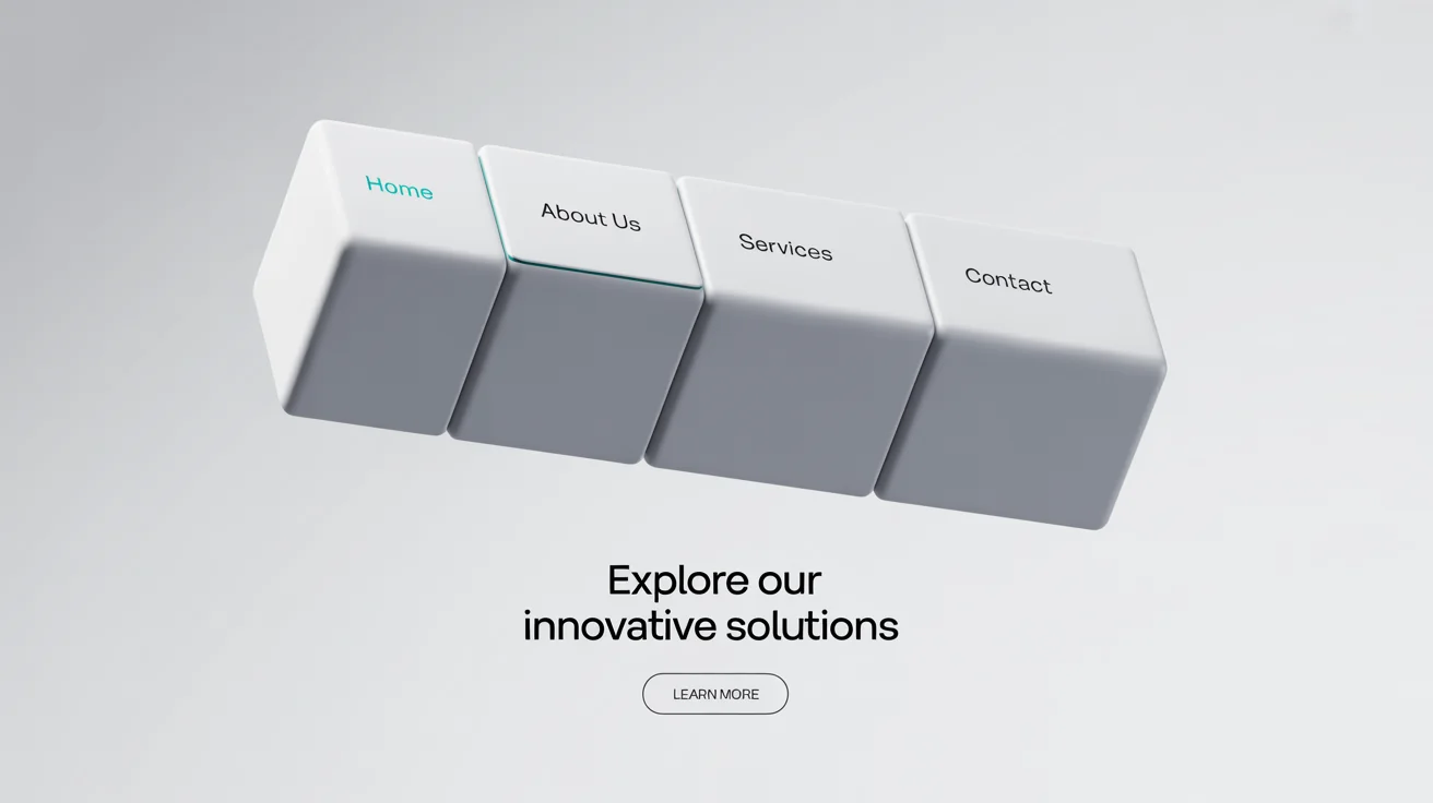 A 3D rendering of a clean, minimalist navigation bar with four sections labeled 'Home', 'About Us', 'Services', and 'Contact', floating on a white background.