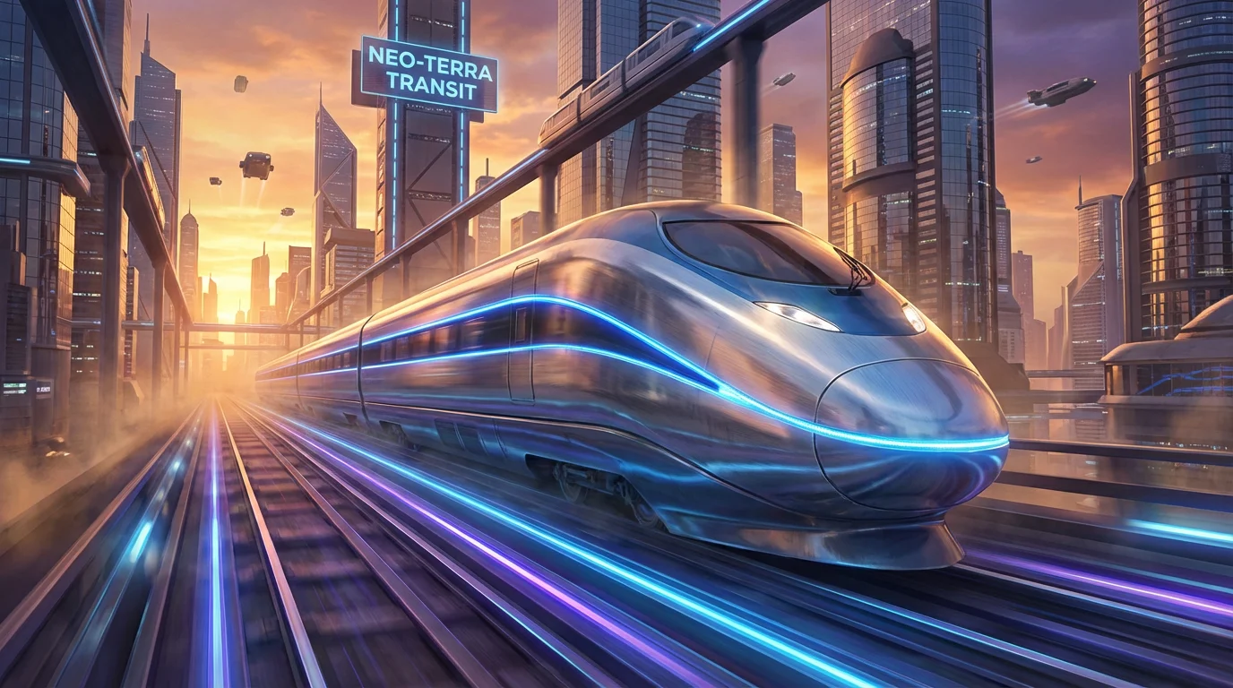 A highly detailed piece of concept art showing a sleek, futuristic locomotive with blue LED lights on glowing tracks, set against the backdrop of a modern city at sunset.