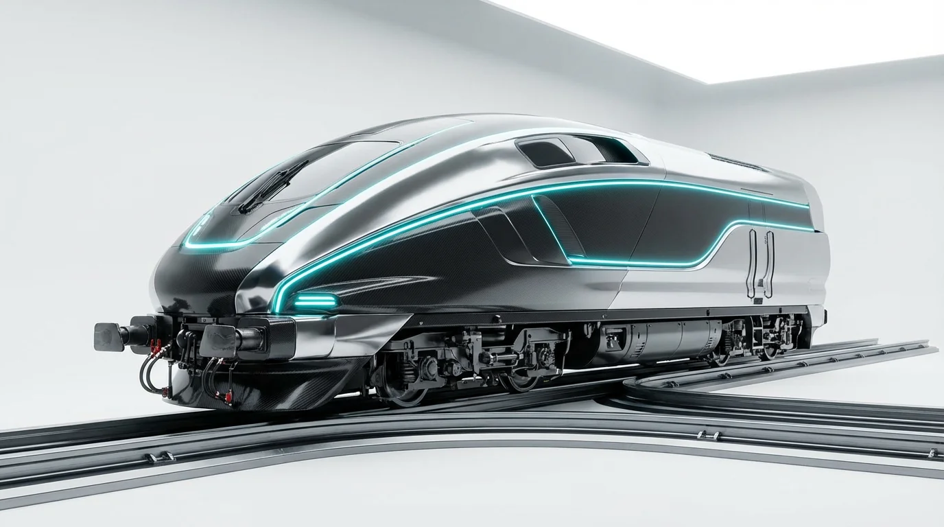 Futuristic locomotive concept art featuring a sleek, silver and black train with glowing cyan lights, presented in a dynamic view against a clean white background.