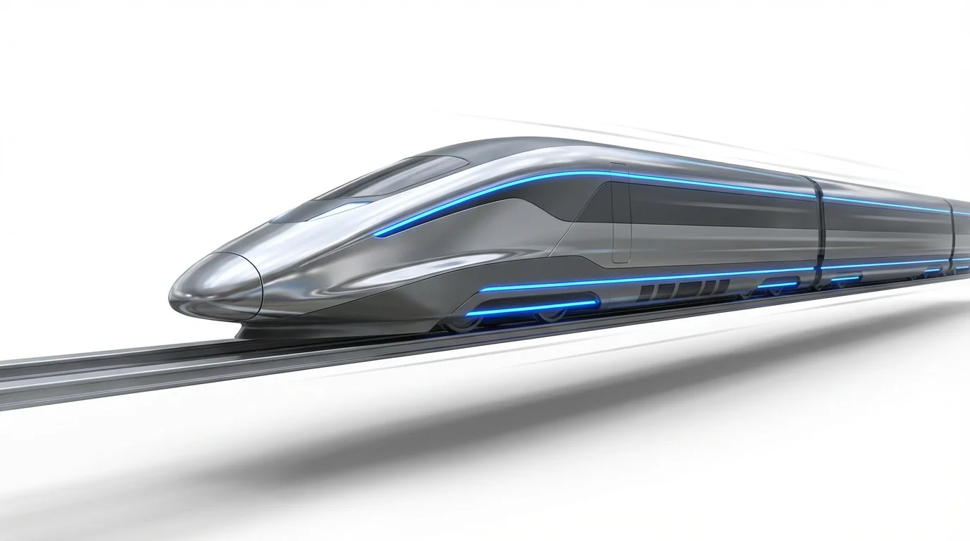 A futuristic locomotive concept art mockup, showing a sleek, silver and grey bullet train with blue glowing lights, presented on a clean white background.