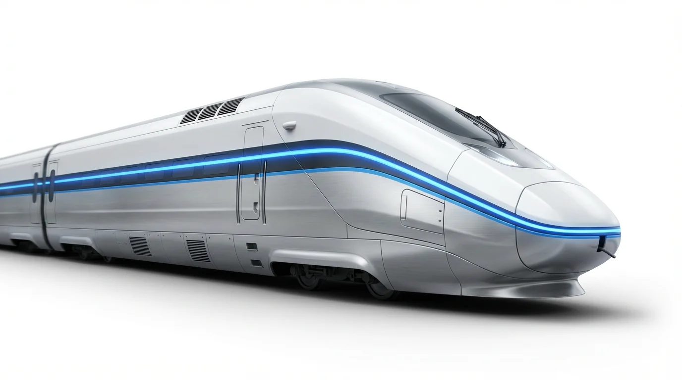 A futuristic locomotive concept art design, featuring a sleek white and silver bullet train with a glowing blue light strip, presented on a clean white background.