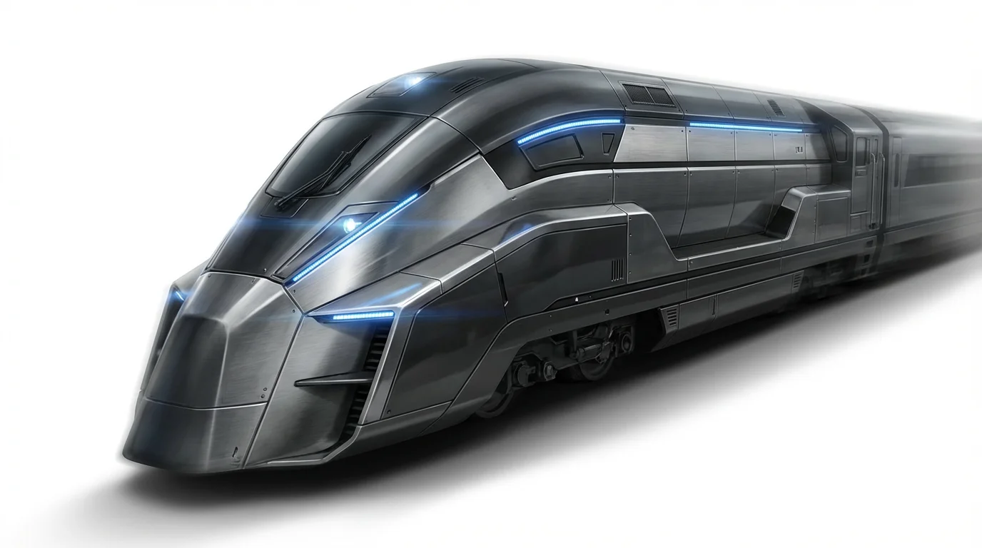 Concept art of a futuristic, sleek, high-speed locomotive with glowing blue lights, shown from a dynamic angle against a plain white background.