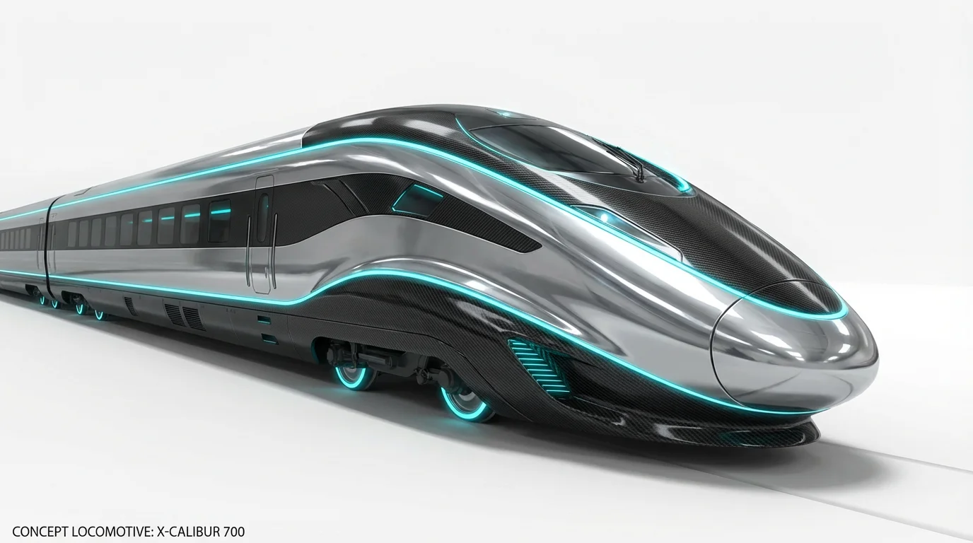 A concept art rendering of a futuristic, high-speed locomotive. The train has a sleek, bullet-shaped design in chrome and black, with glowing blue light strips, viewed from a dynamic low angle against a plain white background.