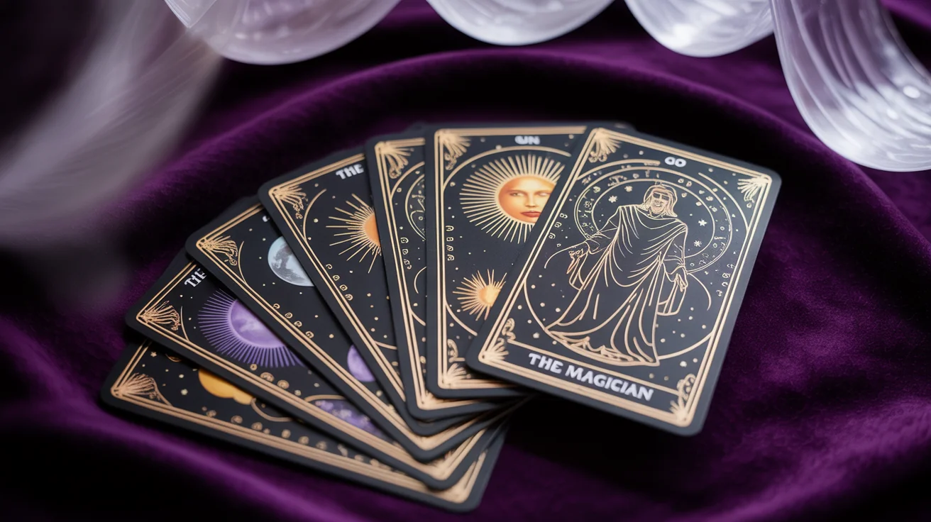 An eye-catching spread of beautifully designed custom tarot cards, featuring intricate gold illustrations of 'The Magician,' 'The Sun,' and 'The Moon' on a dark background.
