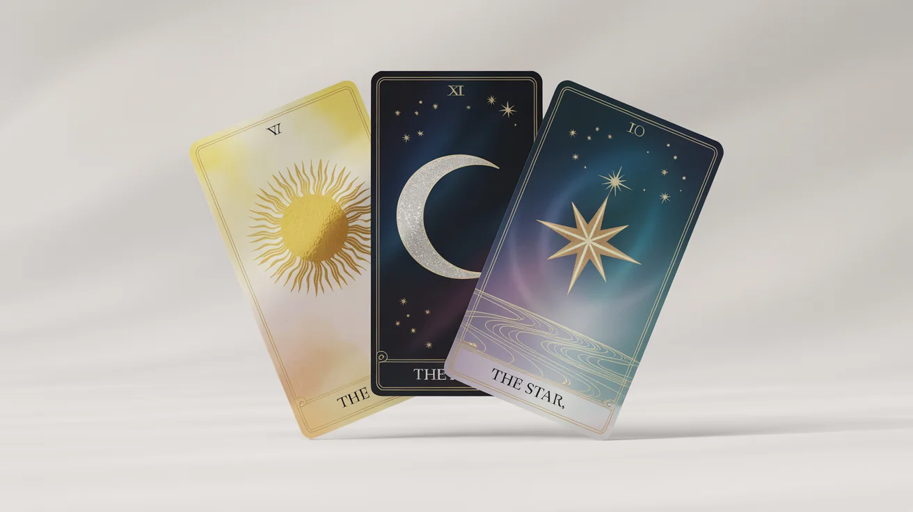 A mockup of three custom-designed tarot cards, The Sun, The Moon, and The Star, fanned out on a white background, featuring elegant Art Nouveau designs with gold foil.