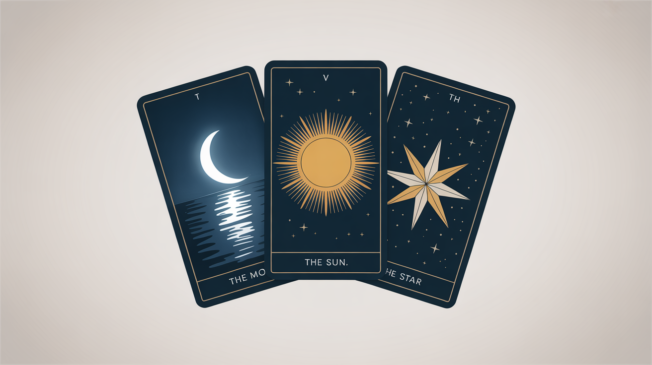 A mockup of three beautifully illustrated tarot cards, The Moon, The Sun, and The Star, fanned out on a clean white background, showcasing their intricate designs and gold foil details.