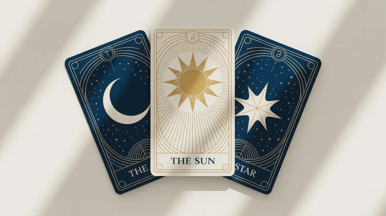 A photorealistic mockup of three intricately designed tarot cards, The Sun, The Moon, and The Star, fanned out against a clean white background, showcasing their celestial art style and gold foil details.