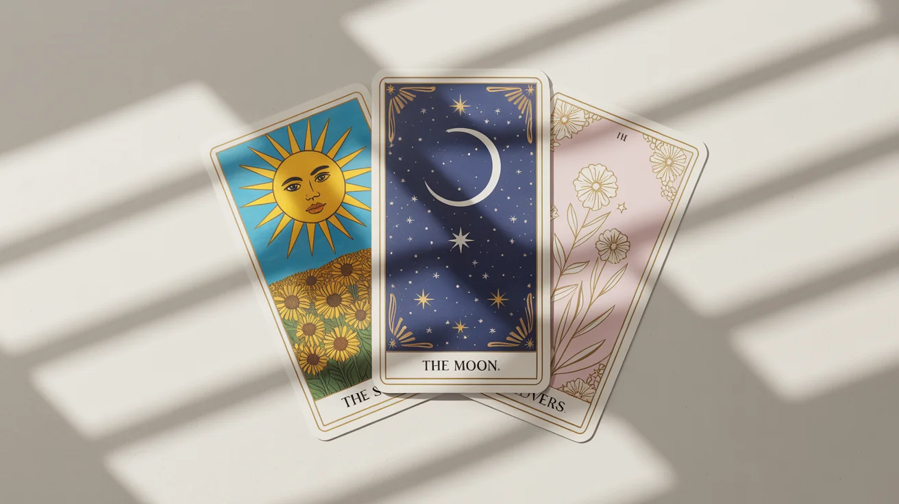 A mockup of three beautifully designed tarot cards, The Sun, The Moon, and The Lovers, fanned out on a clean white surface, showcasing their modern mystical artwork and gold foil details.
