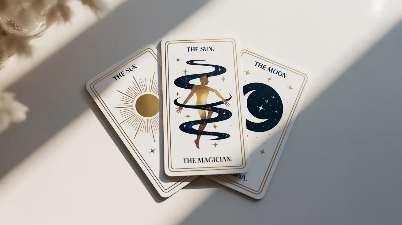 A mockup of three beautifully illustrated tarot cards labeled 'The Sun,' 'The Magician,' and 'The Moon,' fanned out on a clean white surface, showcasing a modern and mystical design with gold details.
