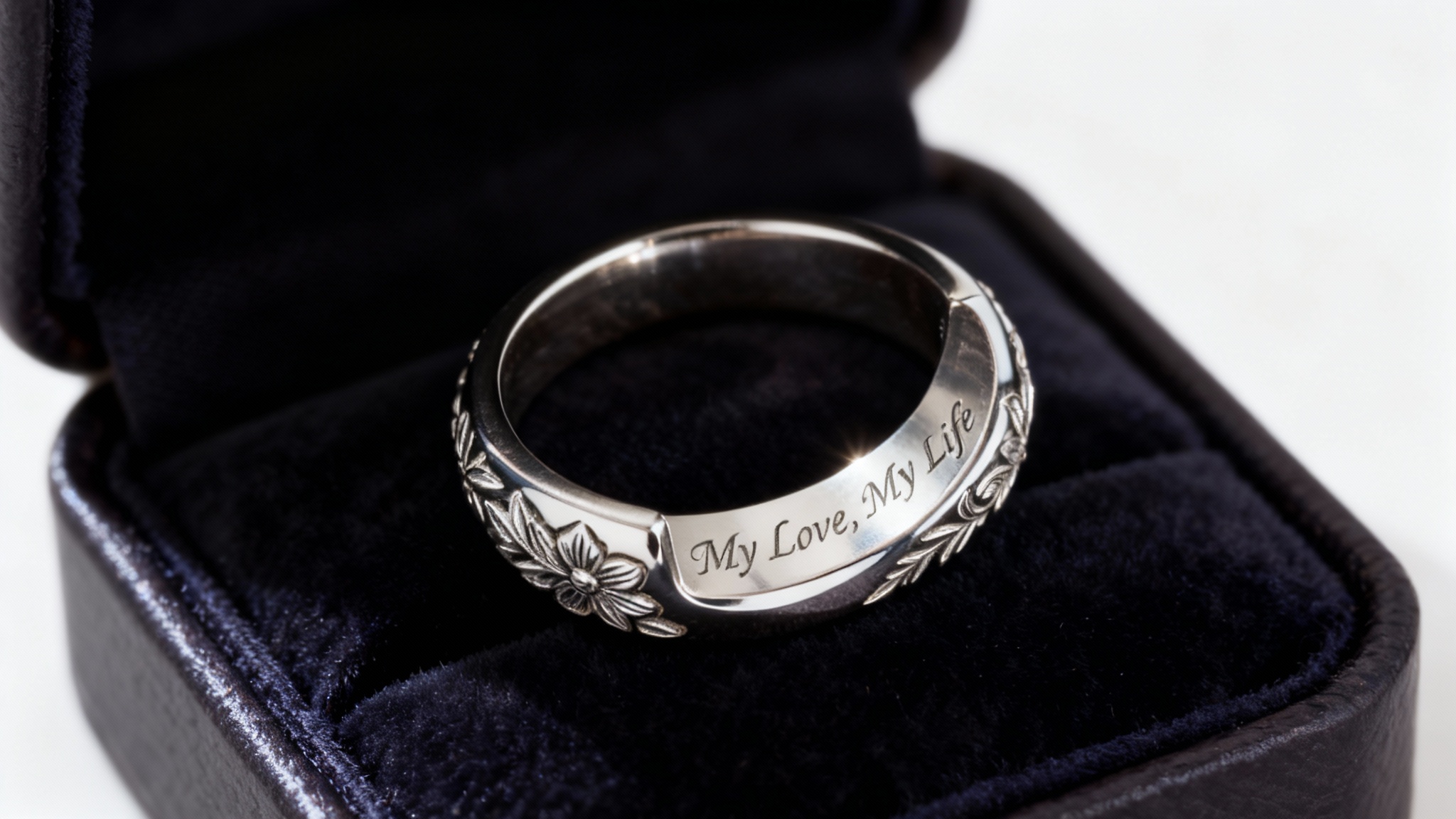 A high-end, close-up photo of a silver ring with a detailed custom engraving on the inside that reads "My Love, My Life" in a script font.