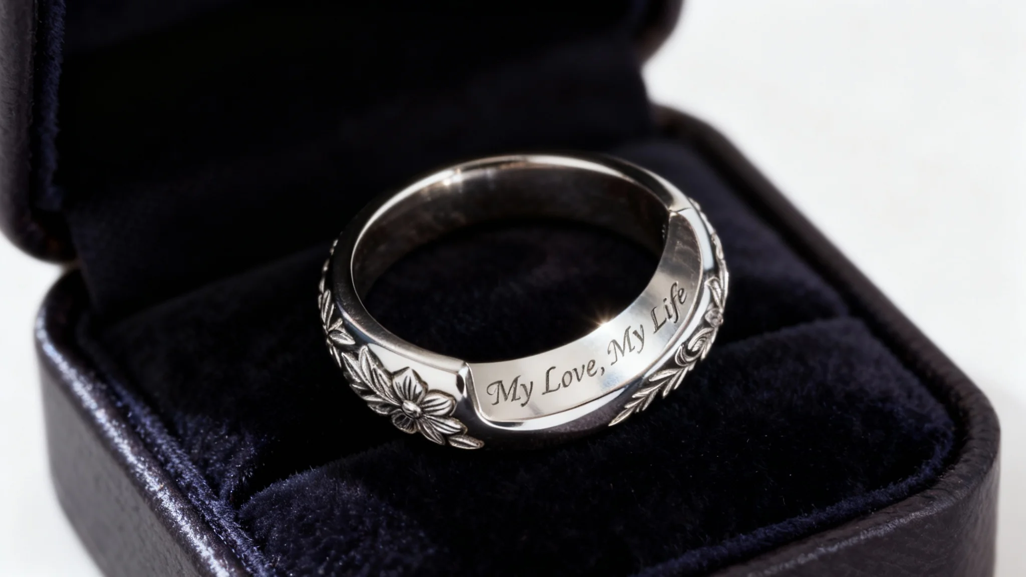 A high-end, close-up photo of a silver ring with a detailed custom engraving on the inside that reads "My Love, My Life" in a script font.