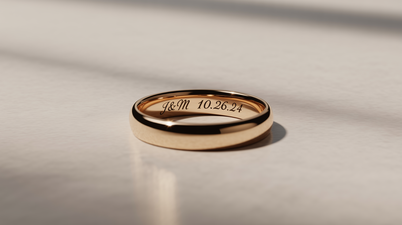 A macro photograph of the inside of a gold wedding band, showing a clear engraving that reads 'J&M 10.26.24' on a clean white background.