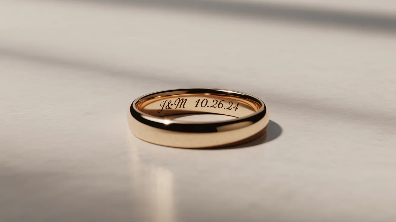 A macro photograph of the inside of a gold wedding band, showing a clear engraving that reads 'J&M 10.26.24' on a clean white background.