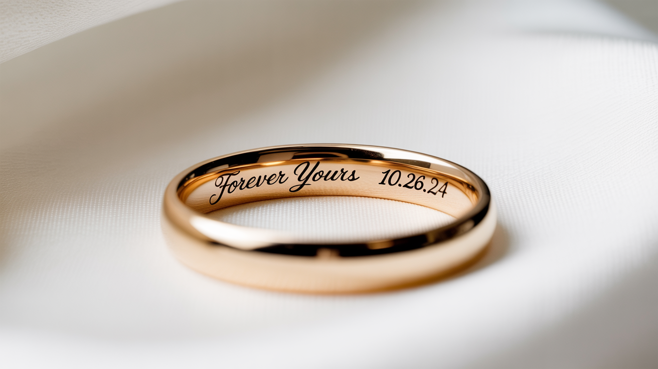 A close-up, photorealistic image of a gold ring with 'Forever Yours 10.26.24' engraved on the inside, set against a clean white background.