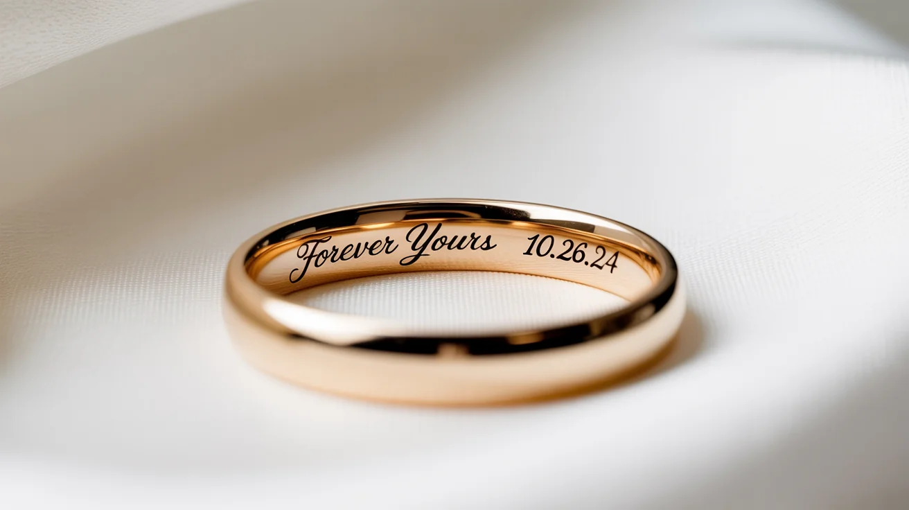 A close-up, photorealistic image of a gold ring with 'Forever Yours 10.26.24' engraved on the inside, set against a clean white background.