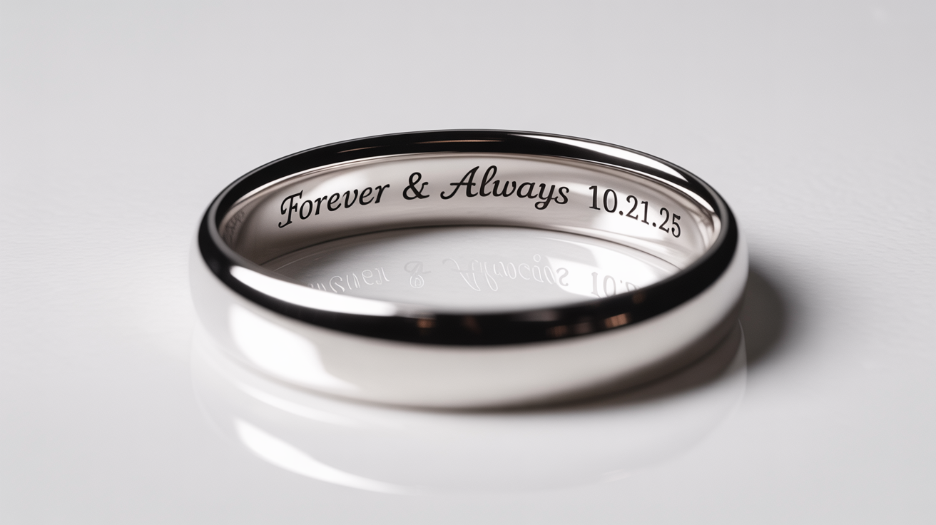 A close-up, professional product photo of a platinum wedding ring on a white background, with the camera focused on the detailed engraving inside the band that reads 'Forever & Always 10.21.25'.