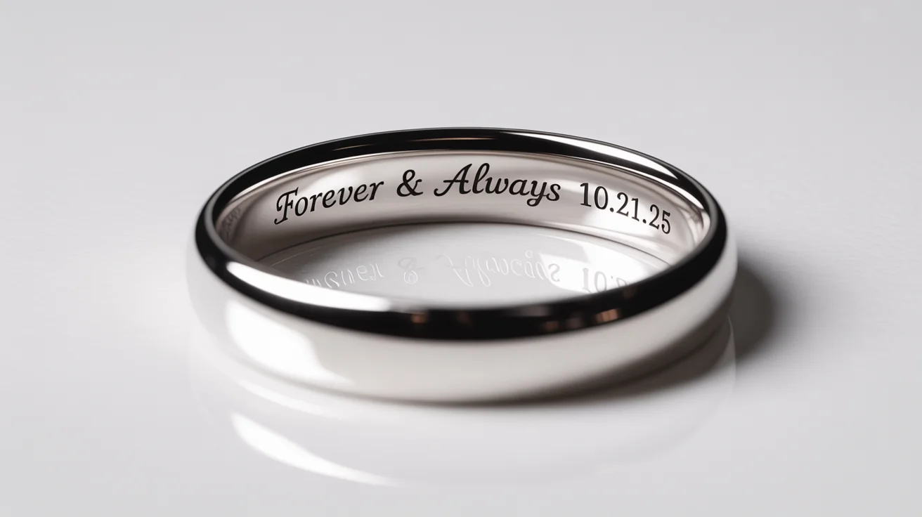 A close-up, professional product photo of a platinum wedding ring on a white background, with the camera focused on the detailed engraving inside the band that reads 'Forever & Always 10.21.25'.