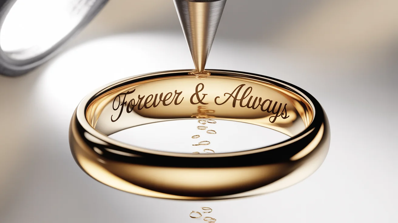 A hyper-realistic macro shot of a jeweler's tool engraving the words 'Forever & Always' inside a polished gold wedding band, set against a clean white background.