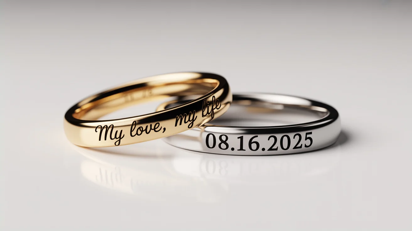 A close-up, photorealistic image of a gold and a platinum ring intertwined, with detailed engravings on the inside that read 'My Love, My Life' and a date.