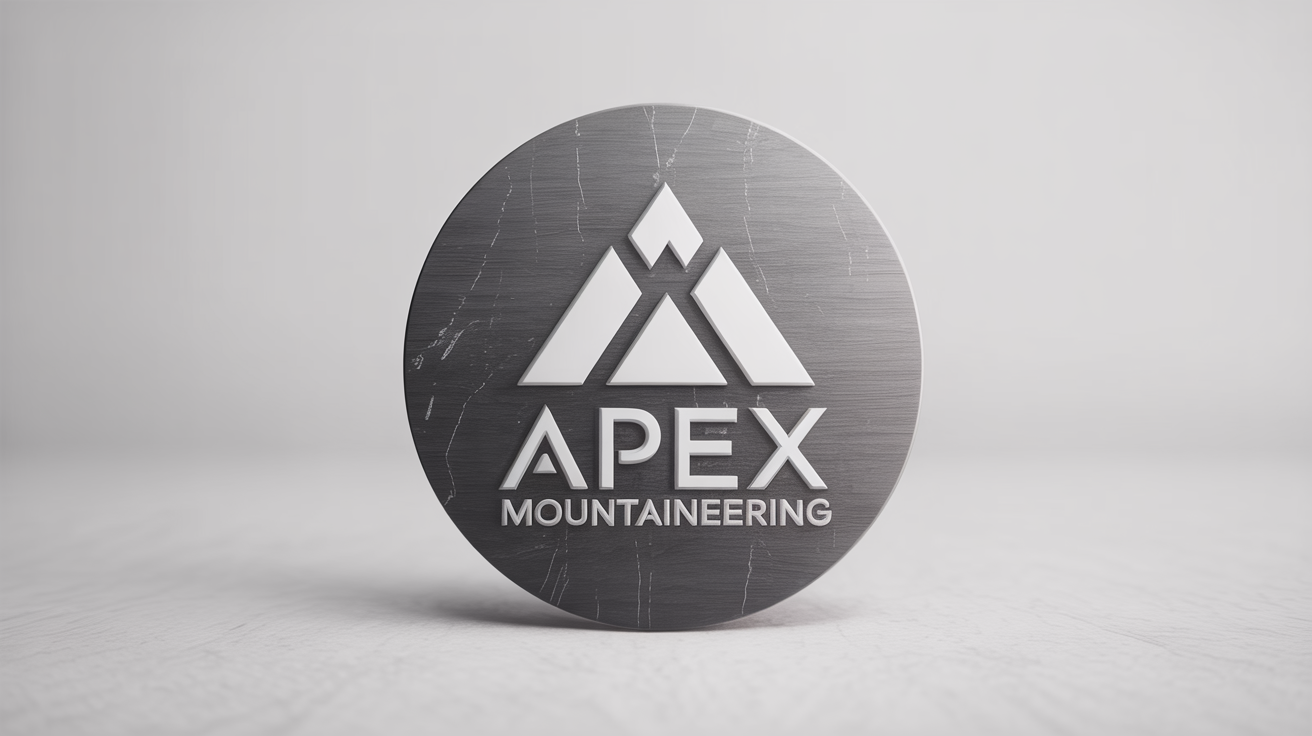 A close-up, realistic mockup of the 'Apex Mountaineering' brand logo, showcasing a detailed brushed metal texture applied to the logo on a plain white background.