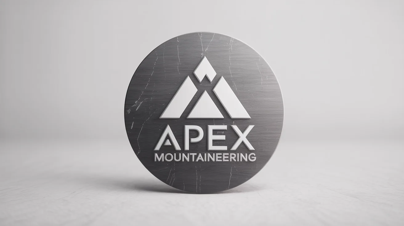 A close-up, realistic mockup of the 'Apex Mountaineering' brand logo, showcasing a detailed brushed metal texture applied to the logo on a plain white background.