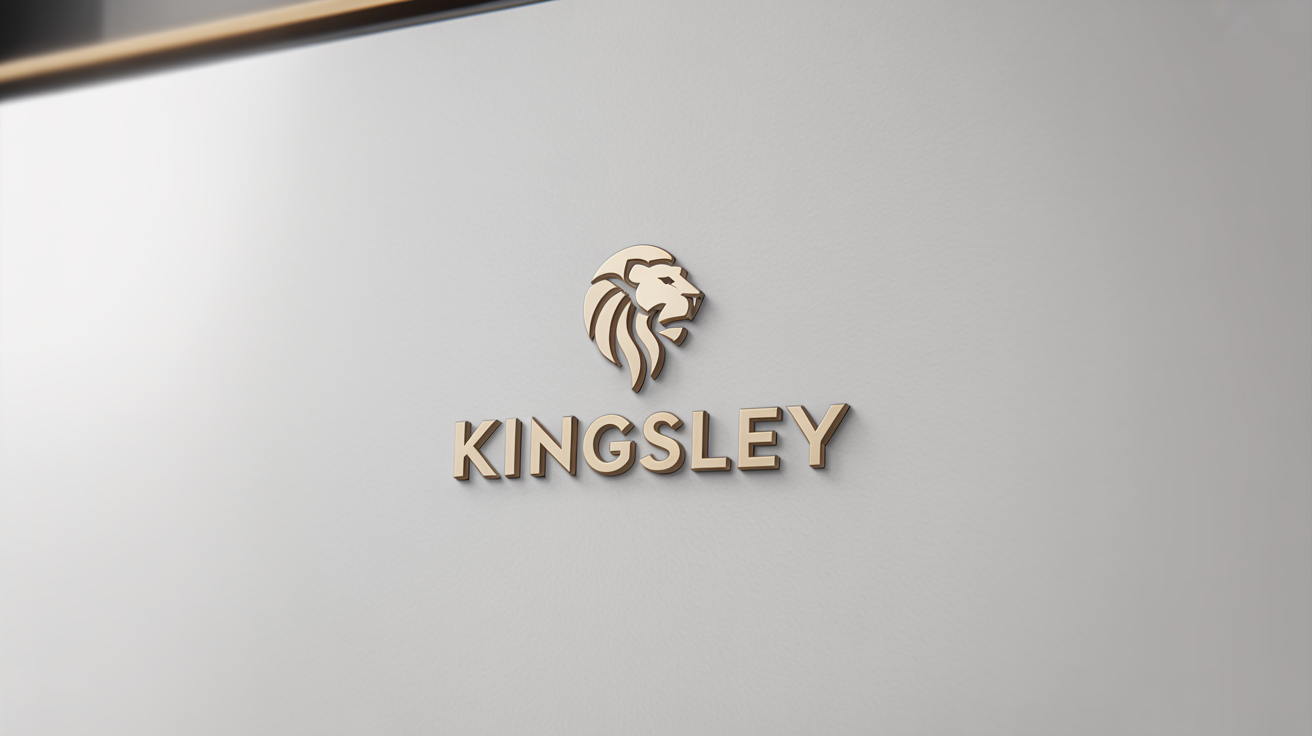 A photorealistic mockup of a luxury brand logo for 'KINGSLEY', featuring a lion head icon with a rich, brushed gold metal texture, presented on a clean white background.