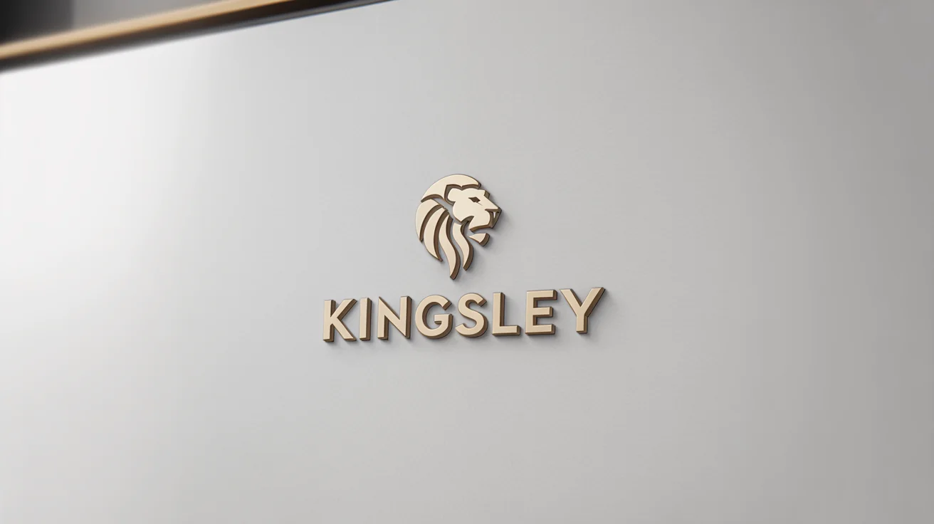 A photorealistic mockup of a luxury brand logo for 'KINGSLEY', featuring a lion head icon with a rich, brushed gold metal texture, presented on a clean white background.