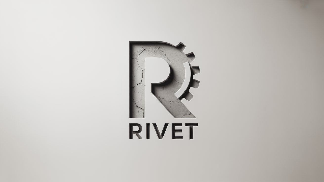 A photorealistic mockup of the letter 'R' combined with a gear, textured to look like weathered concrete, set against a plain white background.