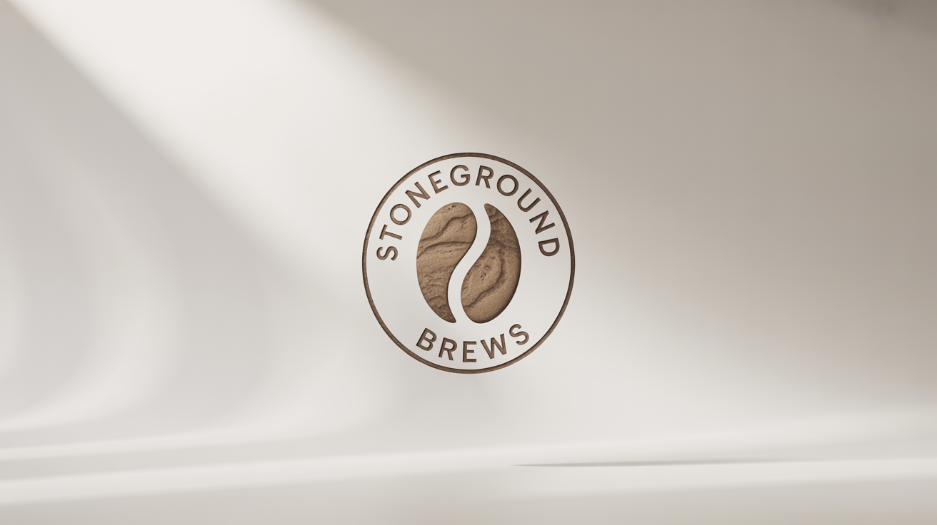 A photorealistic 3D mockup of the 'Stoneground Brews' coffee logo, featuring a coffee bean and text with a detailed sandstone texture, on a clean white background.