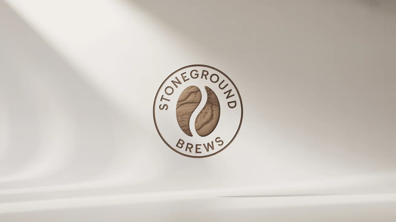 A photorealistic 3D mockup of the 'Stoneground Brews' coffee logo, featuring a coffee bean and text with a detailed sandstone texture, on a clean white background.